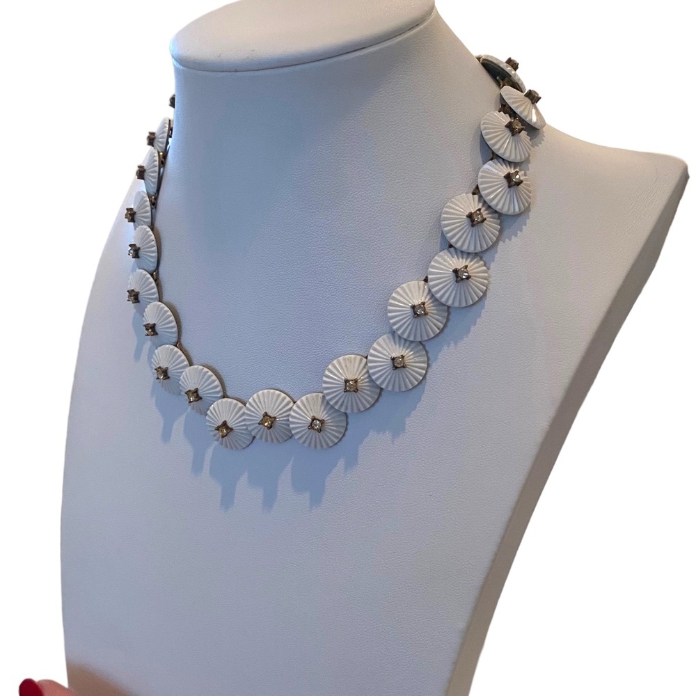 Crown Trifari white disks necklace Milk Glass Rhinestone Necklace Pom Pom Design - Picture 5 of 9